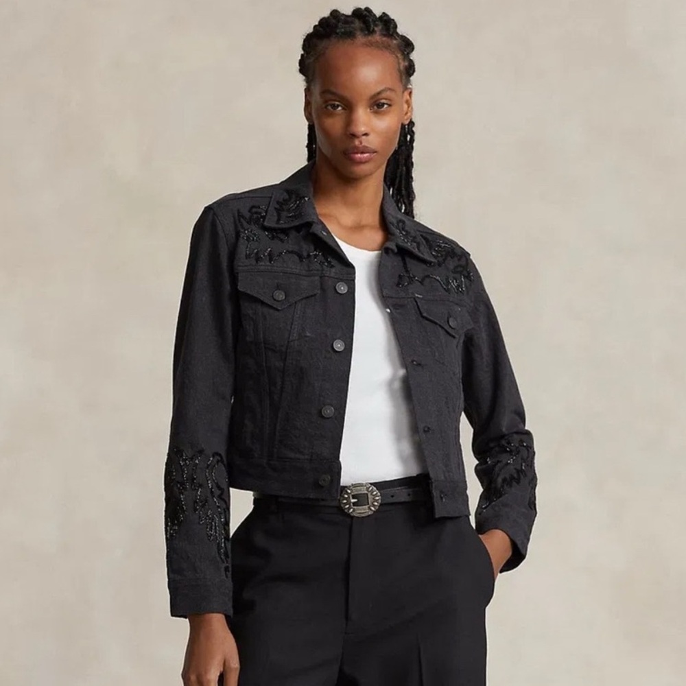 POLO RALPH LAUREN Western Embellished Denim Trucker Jacket in Black Size 10 NWT